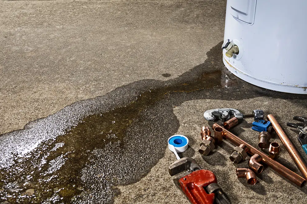 Water pooling beneath a leaking tank water heater — Lake Gaston Area water heater repair