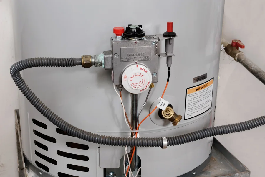 Close-up of a gas water heater thermostat and valve — water heater repair near Lake Gaston Area