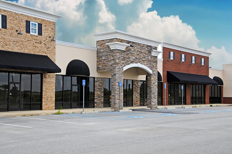 Row of commercial buildings near Lake Gaston