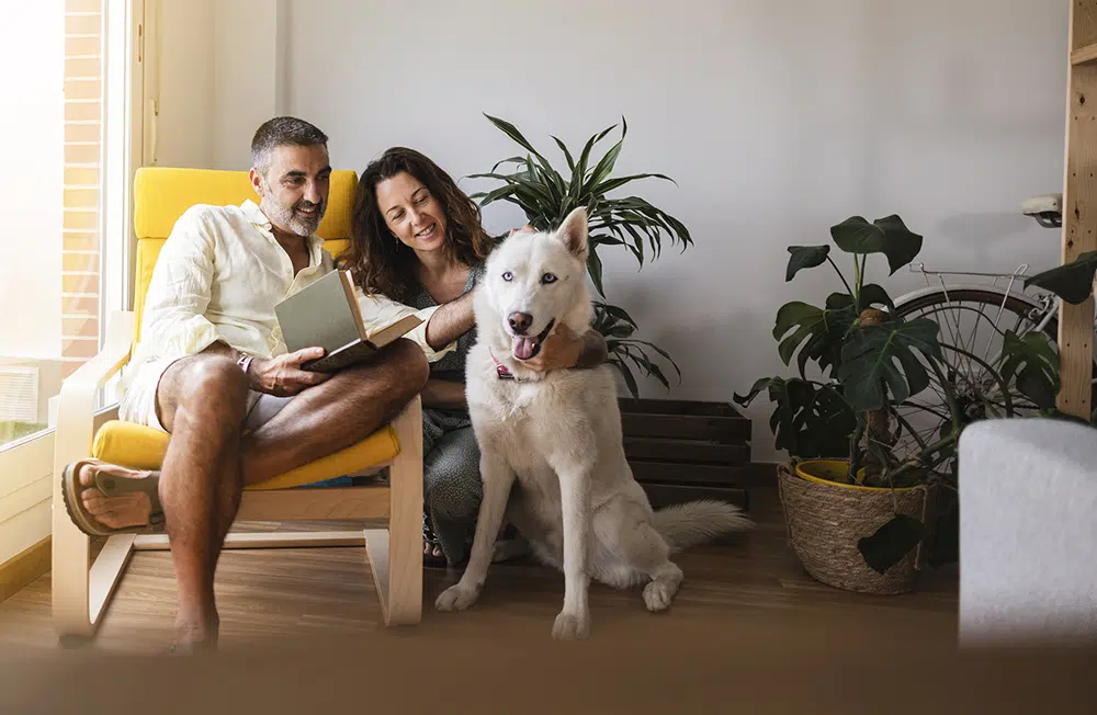 Couple relaxing at home with their dog — comfortable living with Lake Gaston Area HVAC service