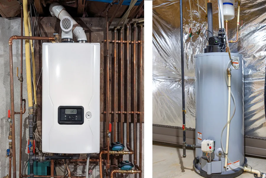 Tankless and tank water heaters compared side by side — water heater options near Lake Gaston Area